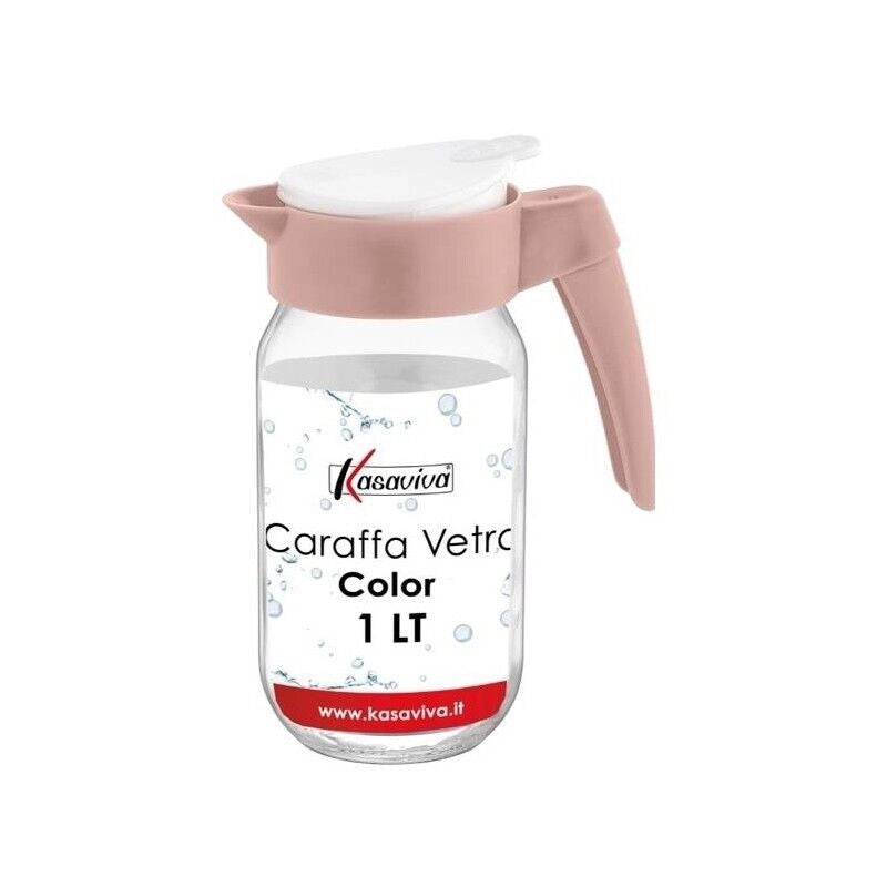 KIT SET 2 PZ CARAFFA IN VETRO TRASPARENTE CON TAPPO COLORATO E CAPIENZA DA 1 LT