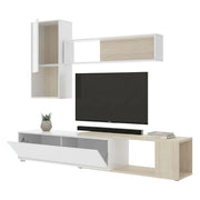 Parete attrezzata Fortuna, Set da soggiorno modulare ad angolo, Mobile salotto multiposizione, 230x41h180 cm, Bianco e Rovere