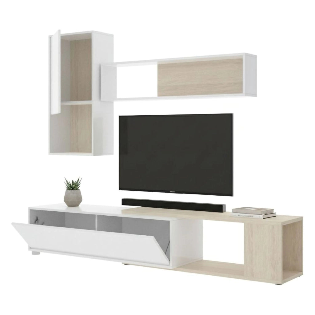 Parete attrezzata Fortuna, Set da soggiorno modulare ad angolo, Mobile salotto multiposizione, 230x41h180 cm, Bianco e Rovere