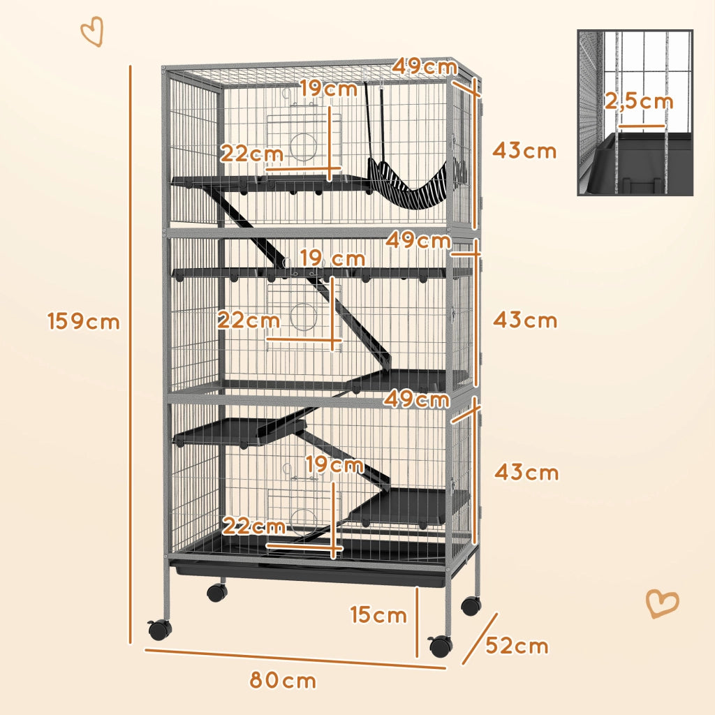 Gabbia per roditori multifunzione 4 piattaforme 3 rampe 4 porte ¨C Minimal ¨C 80x52x159 cm grigio argento nero
