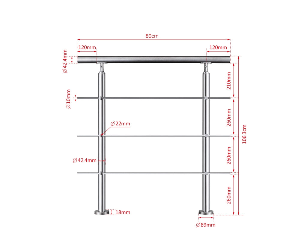 Ringhiera Balaustra Corrimano in acciaio inox 304 spazzolato 80x106cm per interni ed esterni 3 barre trasversali