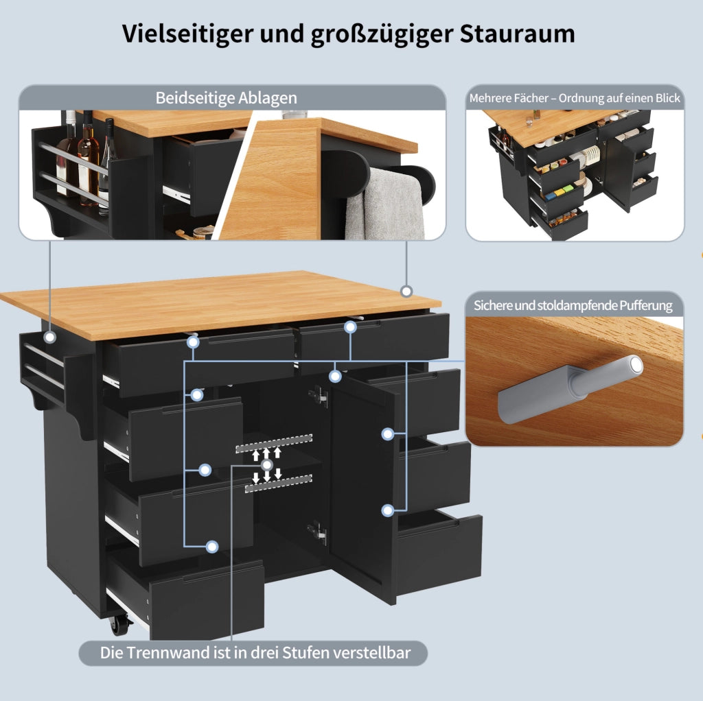 Isola cucina mobile in MDF nero con piano pieghevole e 8 cassetti