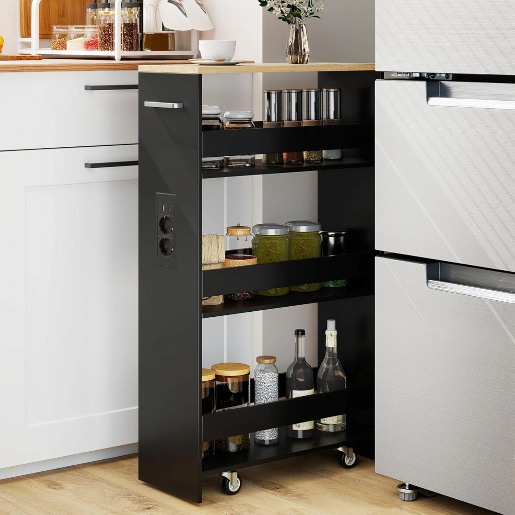 Carrello Portaoggetti a 4 Ripiani con Ruote Rirevoli a 360°, Carrellino Scorrevole con Maniglia Slim, da Bagno, Cucina, Lavanderia, 47,5 x 20 x 80,5 cm (Nero e Naturale, Con Presa)