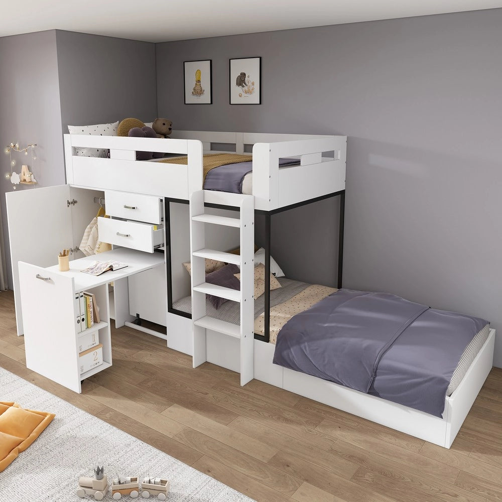 Letto a Castello con Scrivania Estraibile e Guardaroba ¨C MINIMAL ¨C Bianco 90x200, con Cassetti e Ripiani