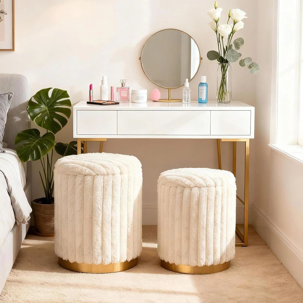 Set di 2 Pouf Contenitori Rotondi, 32L + 21L, Poggiapiedi in Pelo di Coniglio con Coperchi Rimovibili e Scomparti Nascosti, Sgabelli Imbottiti Impilabili per Soggiorno e Camera da Letto