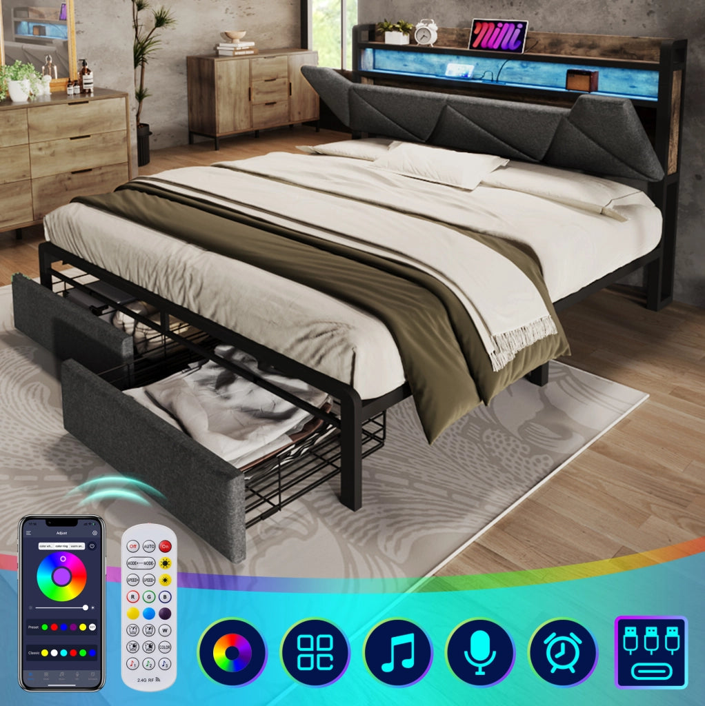 Letto matrimoniale 160x200 cm in lino grigio con LED; USB-C; cassetti e materasso