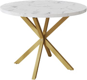 GrandCA HOME Tavolo da Pranzo Rotondo con Piano Moderno Effetto Marmo, Tavolo da Pranzo da Cucina con Quattro Gambe in Metallo, per Sala da Pranzo, Bianco+GDL