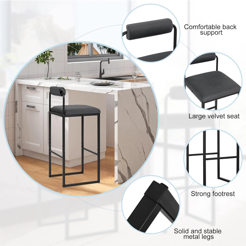2x Sgabelli da Bar con Poggiapiedi, Sedie Alte con Schienale, Design Moderno, Sgabelli da Cucina Imbottiti in Velluto e Metallo, Grigio Scuro BH343dgr-2