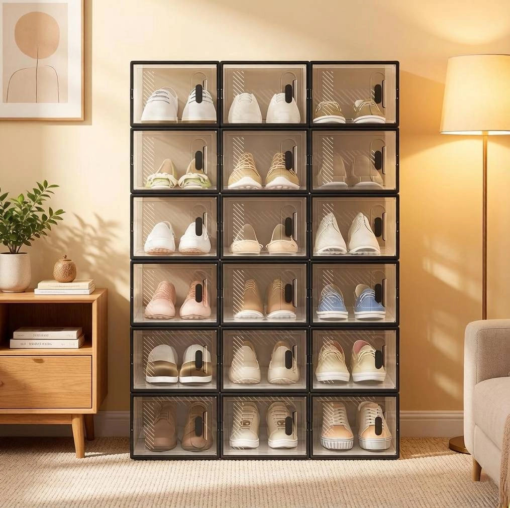 Scarpiera impilabile 75x35，5x111，5 cm nera e trasparente， 18 pezzi