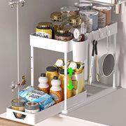 Organizzatore in tiraggio sotto il lavello, griglia da cucina 2 livelli con 4 ganci e 1 bicchiere appeso, regolabile, bianco.