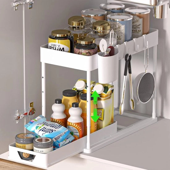 Organizzatore in tiraggio sotto il lavello, griglia da cucina 2 livelli con 4 ganci e 1 bicchiere appeso, regolabile, bianco.