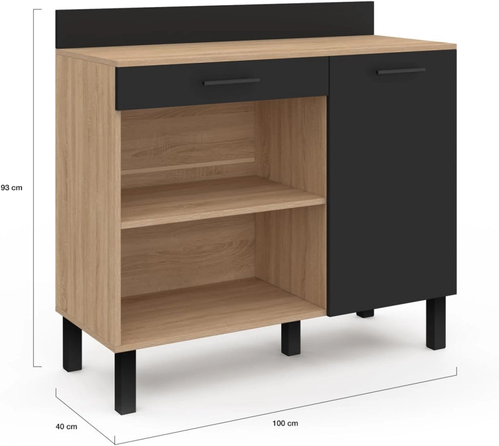 Credenza bassa 100 CM CINA piano di lavoro H.83 cm 1 anta + 1 cassetto finitura faggio e nero