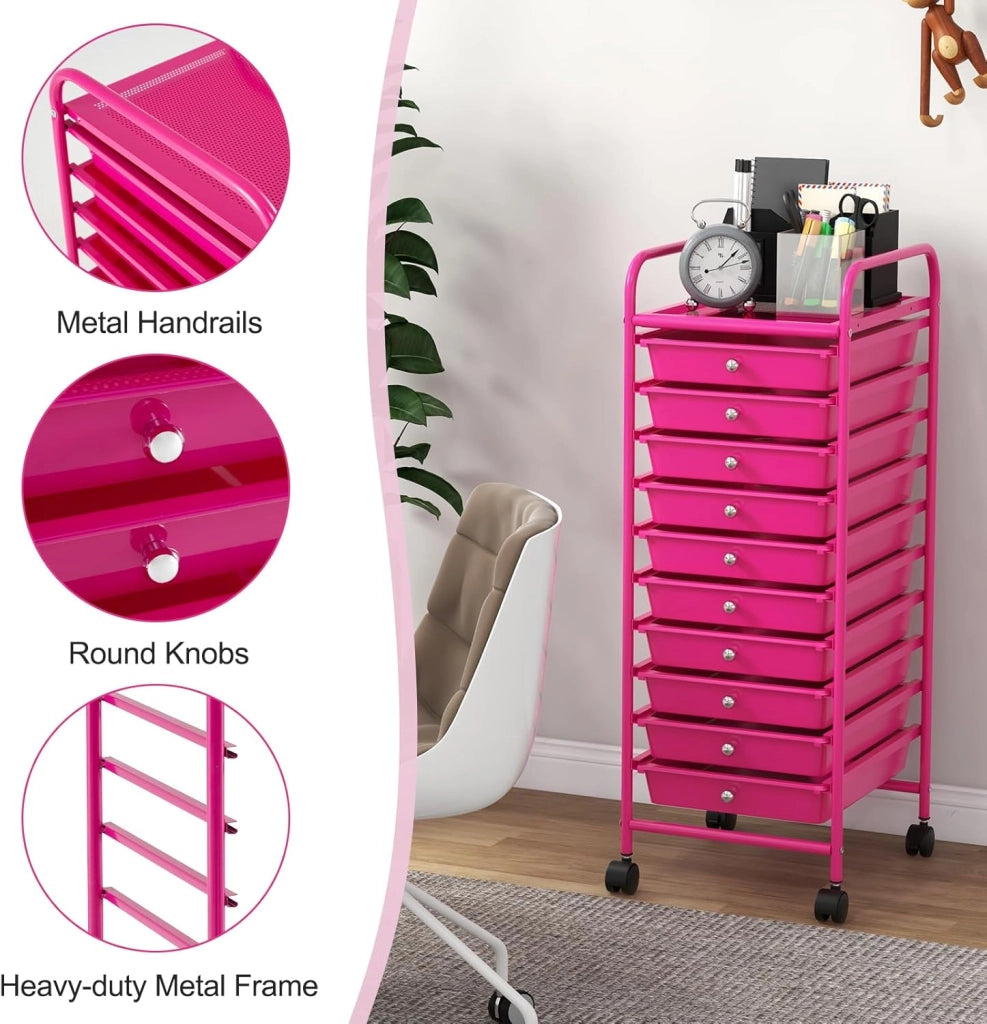 Carrello Portaoggetti con 10 Cassetti Impilabili, Struttura in Metallo e Ruote Bloccabili, Organizer Multiuso per Cucina e Ufficio