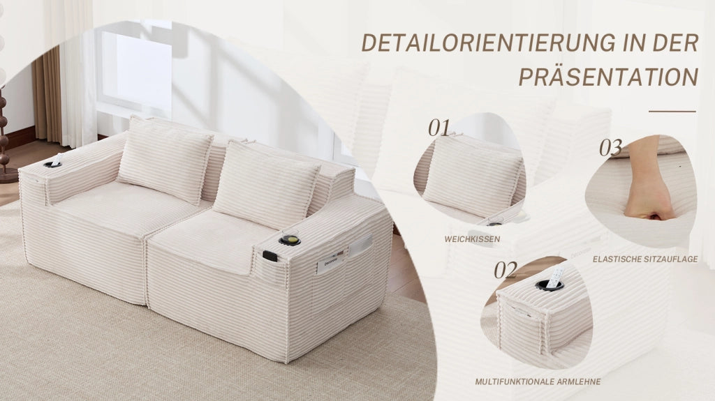 Divano modulare a 2 posti con porta bicchieri, tasche laterali e cuscini lombari in tessuto a coste beige 188 × 90 × 75 cm