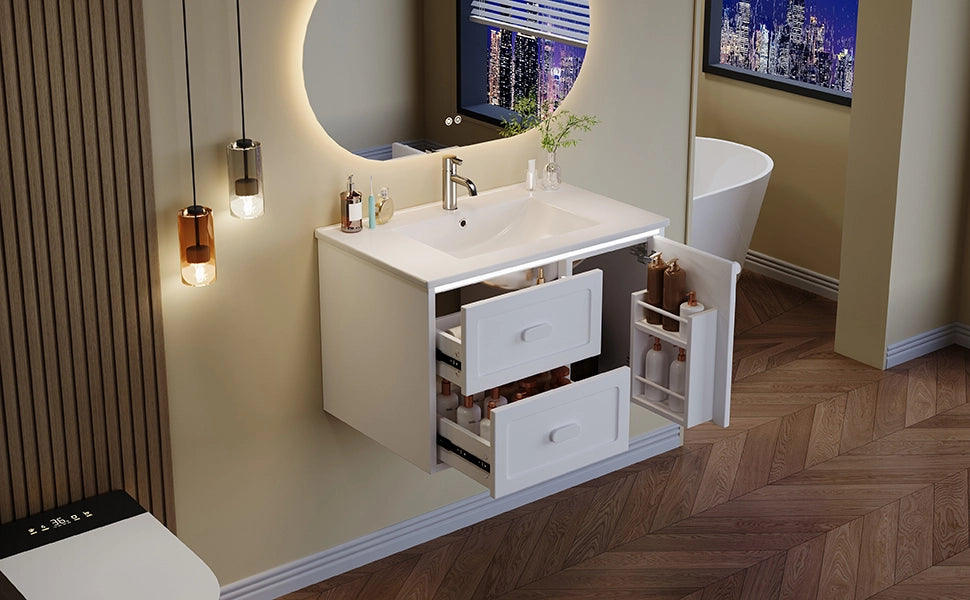 Mobile sottolavabo laccato in MDF con LED a sensore radar, 2 cassetti e 1 vano, per bagno, bianco, 76 × 46 × 51 cm