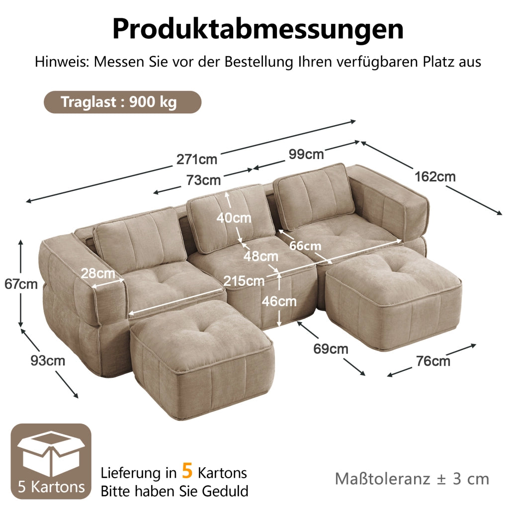 Divano modulare a U 3 posti con seduta profonda e pouf senza struttura in poliestere sabbia 271 × 162 × 67 cm
