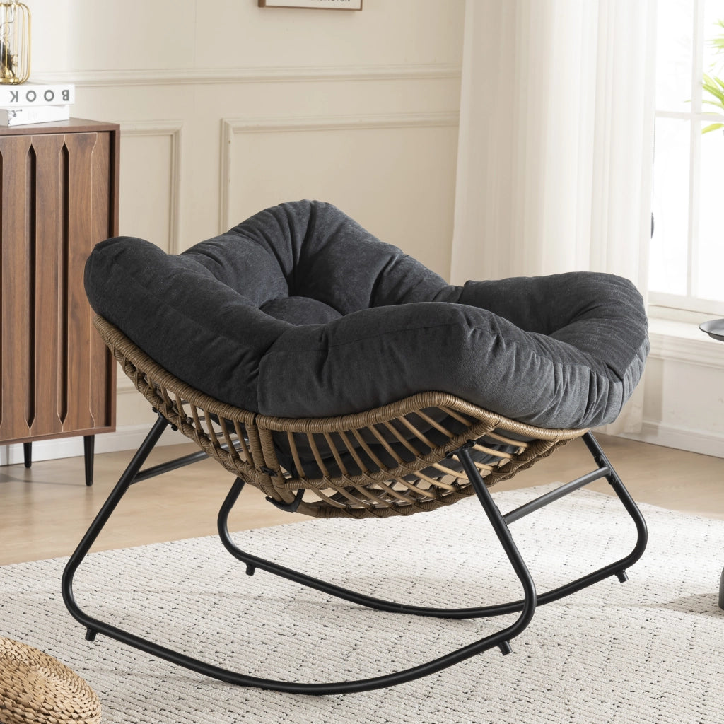 Poltrona a dondolo papasan in ciniglia con struttura ergonomica e funzione relax per soggiorno, camera da letto e terrazzo, nero