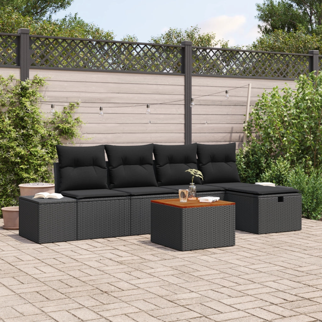 Set da Giardino 6 Pezzi con Cuscini Rattan Sintetico Nero