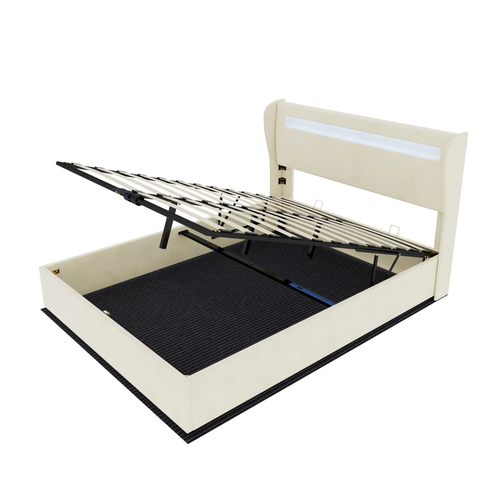 Letto imbottito con testiera regolabile e LED multicolore; 140 x 200 cm; beige