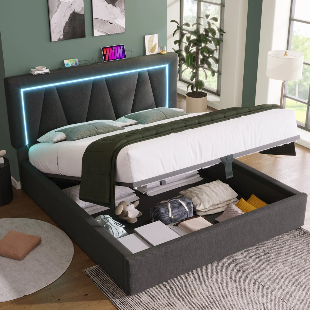 Letto matrimoniale imbottito 160x200 cm con LED; USB e Type-C; contenitore; grigio