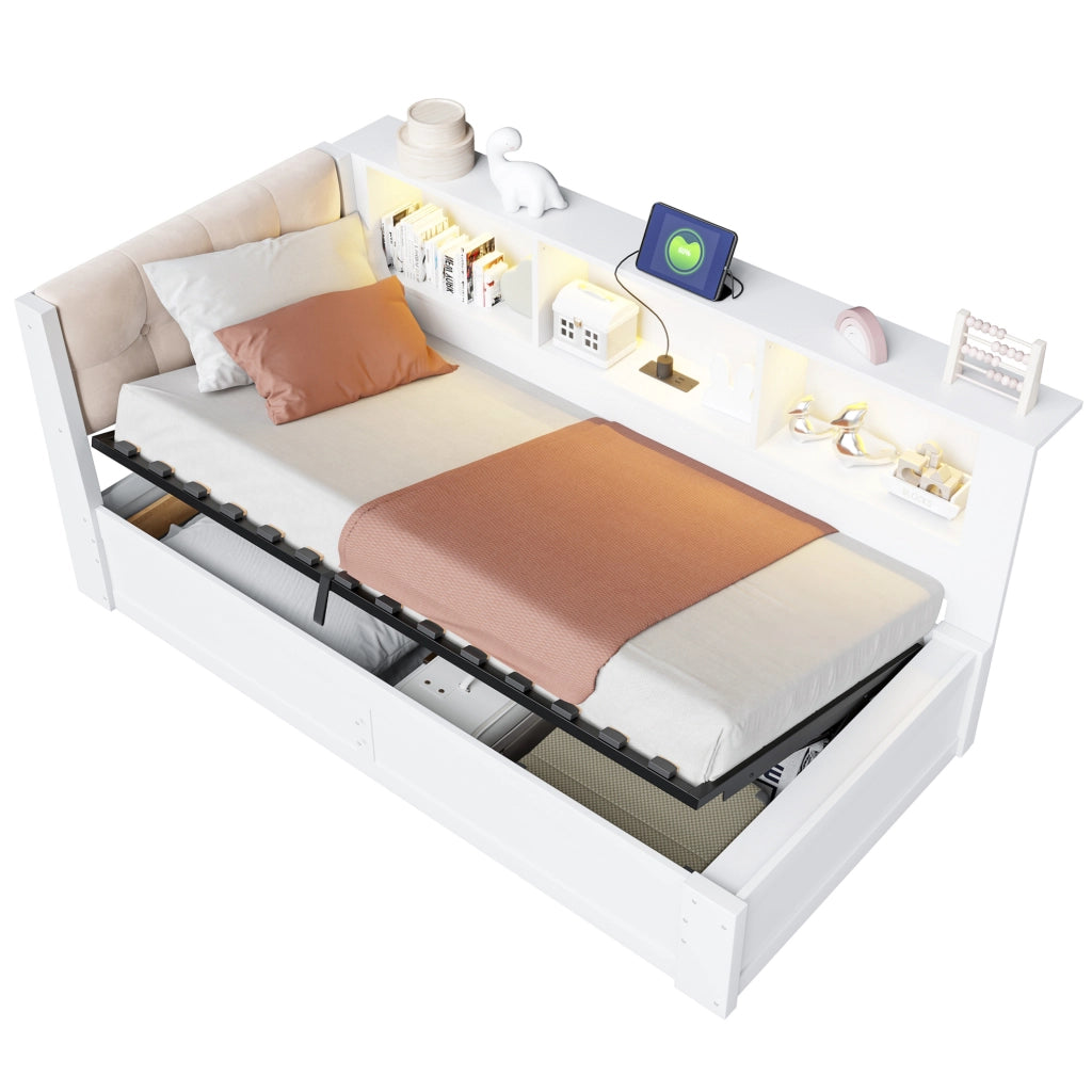 Letto contenitore 209x113.8x80.6 cm con alzata idraulica; LED e USB in legno di pino e MDF bianco