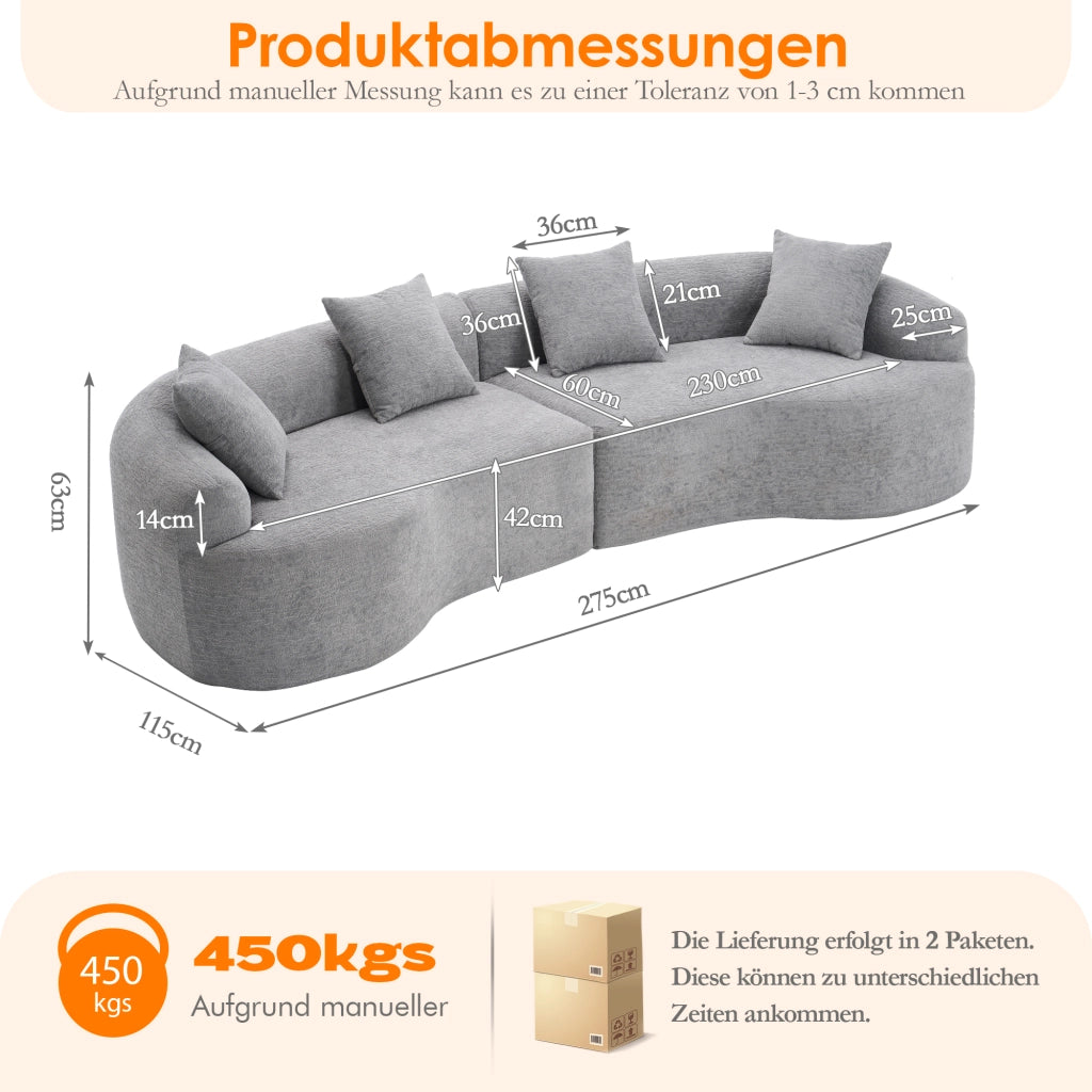 Divano angolare modulare 4 posti in ciniglia con design curvo e seduta ampia, per salotto, grigio 275 × 115 × 63 cm