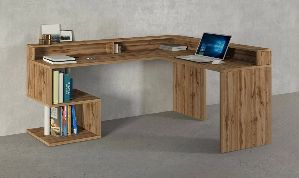 Scrivania Auletta, Scrittoio angolare con ripiani portaoggetti, Scrivania ufficio multiuso con sopralzo, 180x60h93 cm, Rovere