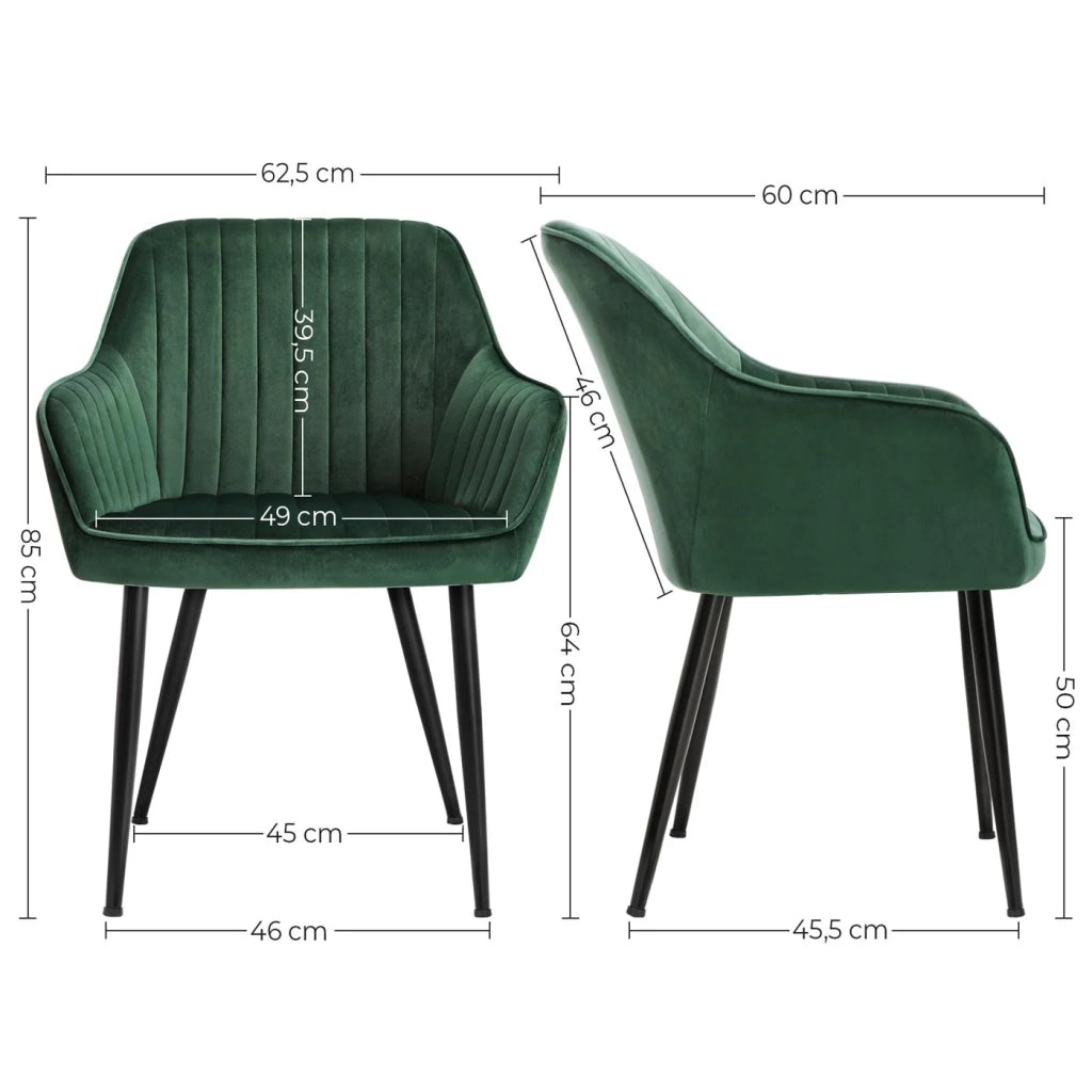 Set di 4 sedie da pranzo seduta imbottita con braccioli larghezza seduta 49 cm gambe in metallo rivestimento in velluto portata 110 kg per soggiorno/camera da letto verde 12_0004920