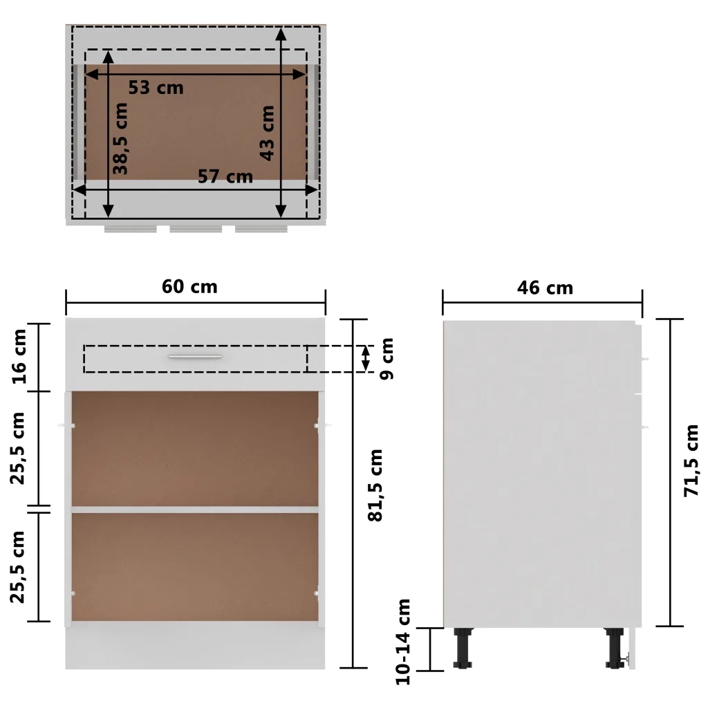 Pensile da cucina | Armadio Inferiore con Cassetto ¡°Lyon¡± Bianco 60x46x81,5 cm