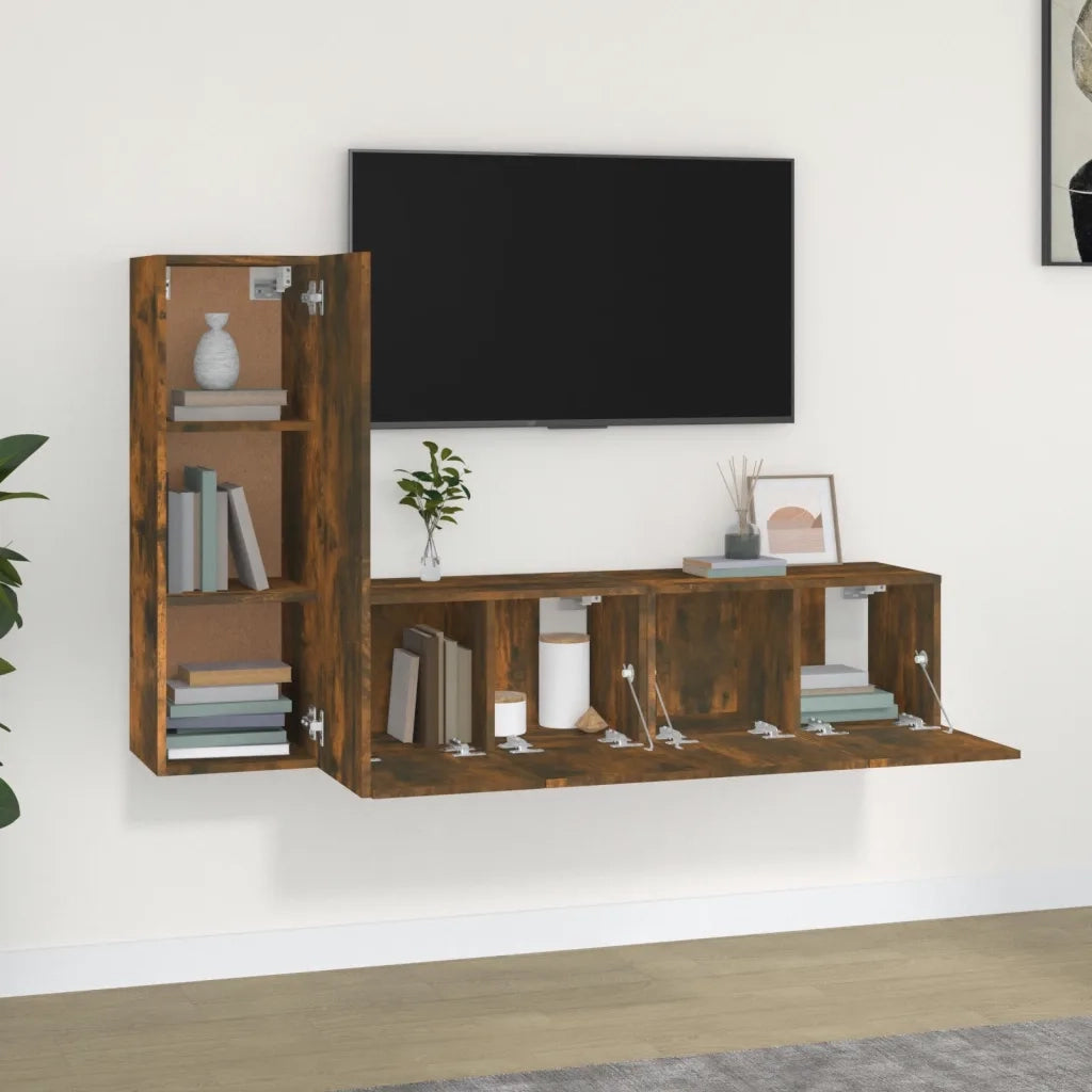 Set Mobili Porta TV 3 pz Rovere Fumo in Legno Multistrato 3120257