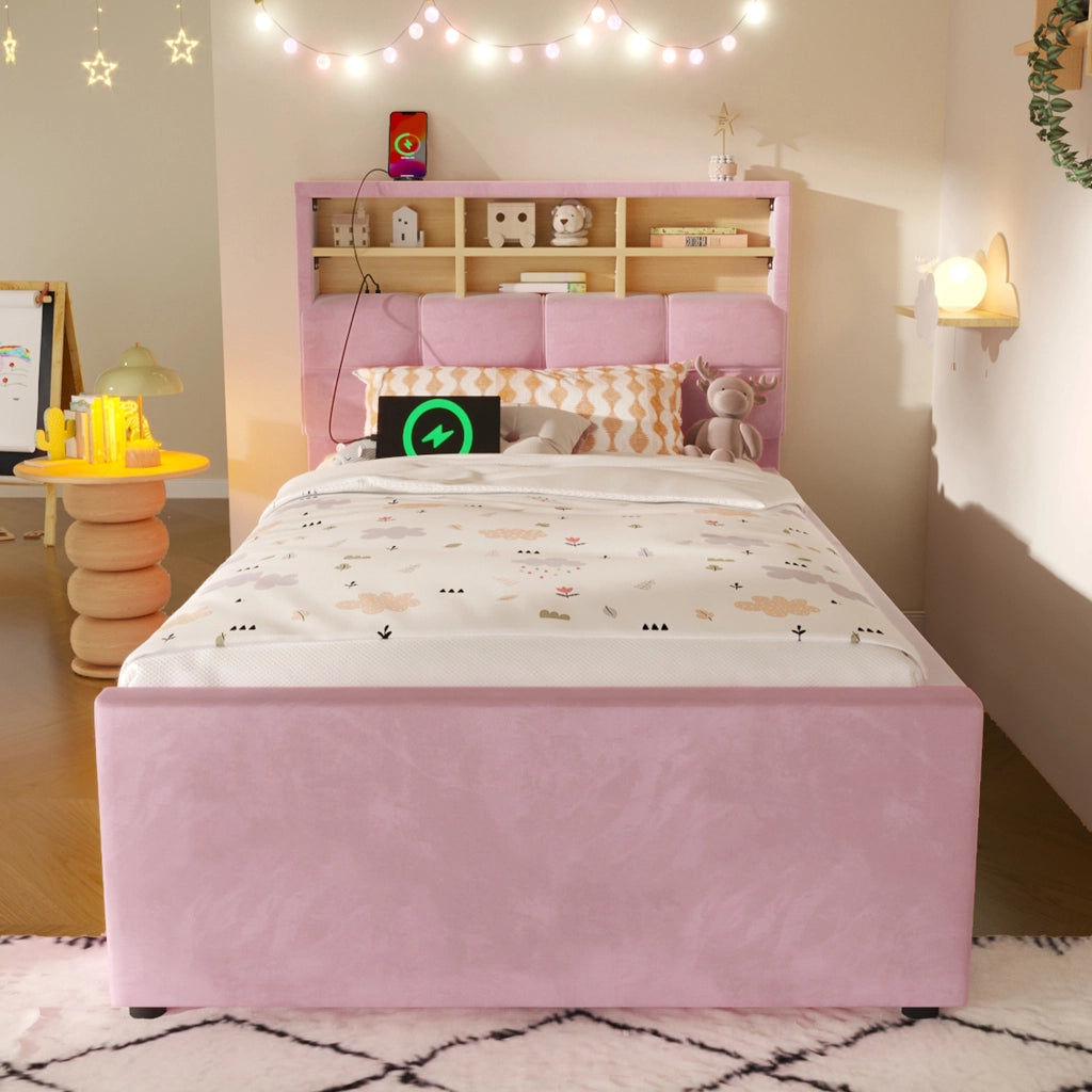 Letto singolo 90x200 cm rosa in velluto con letto estraibile per ospiti e prese USB