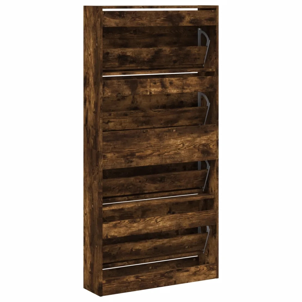 Scarpiera con 4 Cassetti Ribaltabili-Scaffale per scarpe Rovere Fumo 80x21x163,5 cm