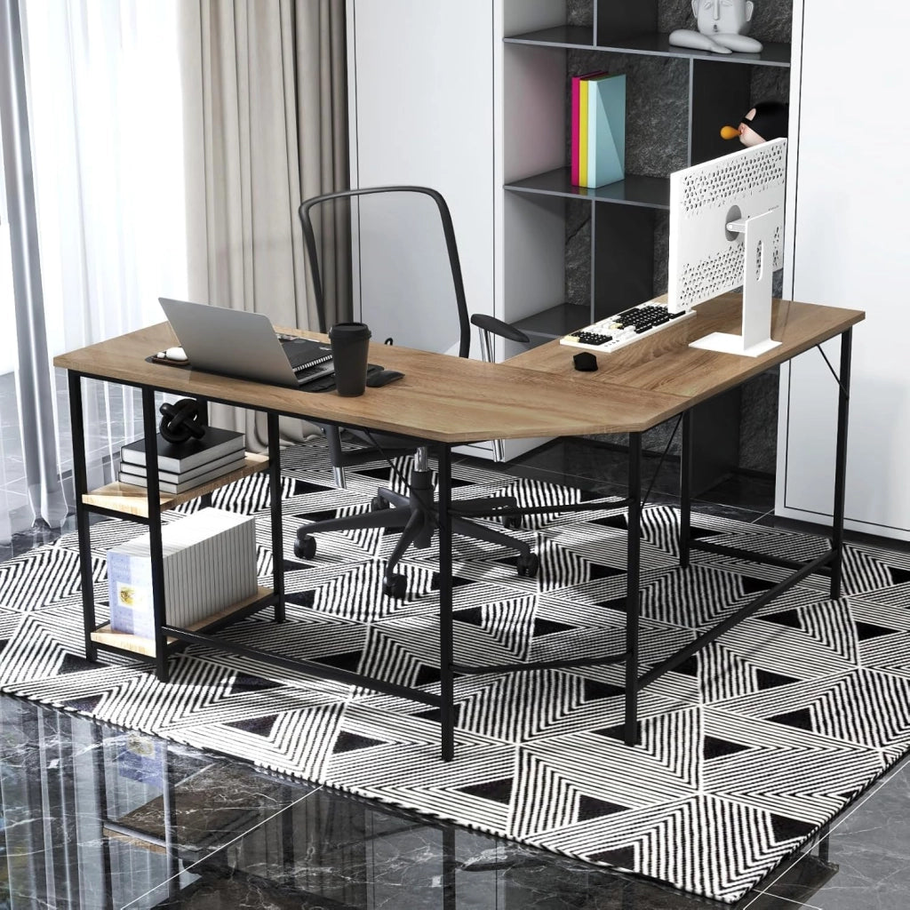 Scrivania Angolare 138 CM, Scrivania ad Angolo con 2 Prese, 2 Porte USB, Telaio in Acciaio al Carbonio e Ripiano a 2 Livelli Rimovibile, Scrivania Salvaspazio da Ufficio e Casa (Legno)