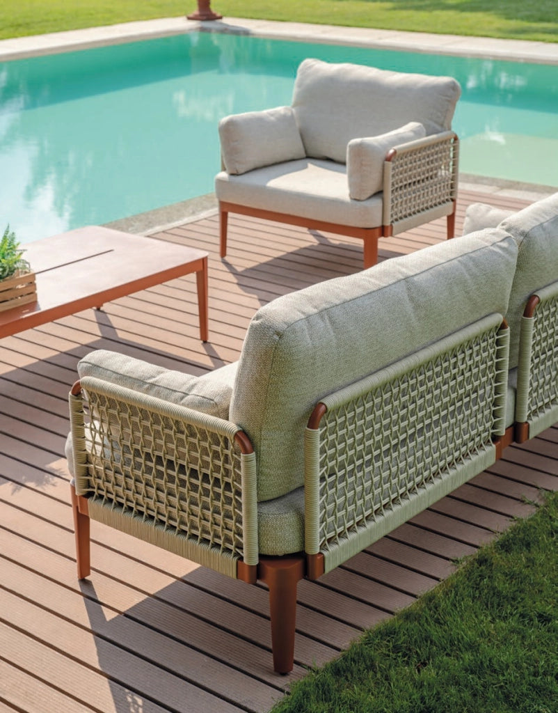 Salotto da esterno divano con poltrone e tavolino alluminio rosso, corda beige Bandol