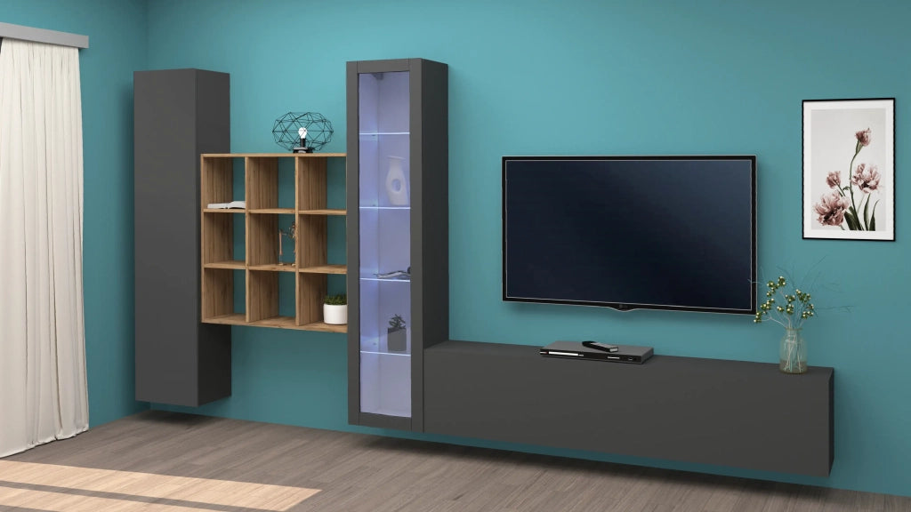 Parete attrezzata TV design moderno armadio antracite libreria in legno Ranil RT