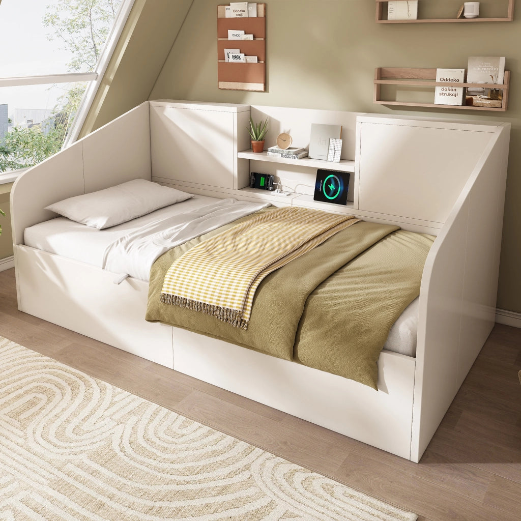 LETTO DA GIORNO 90x200 cm Bianco in Legno con ricarica USB/Type-C