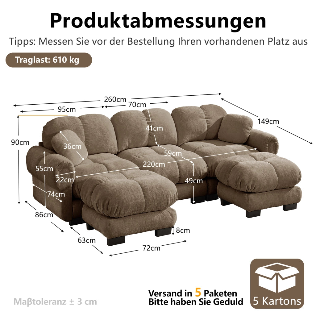 Divano panoramico a U 3 posti con pouf mobile e cuscini decorativi in ciniglia marrone