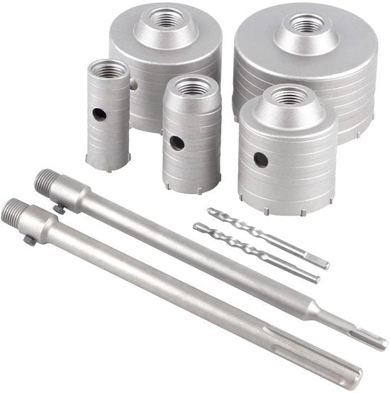 Set di fori per pareti e piastrelle Allecto plus - 5 pezzi di set di fori 30/40/65/80/100 mm - asta di 300 mm - SDS Plus - compreso foro centrale - perforatrice per pareti.