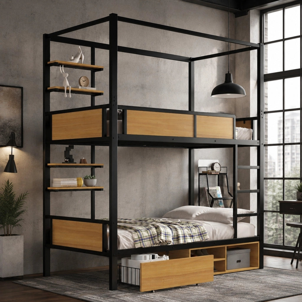 Letto a castello in metallo e MDF con vani contenitore e scaffali laterali
