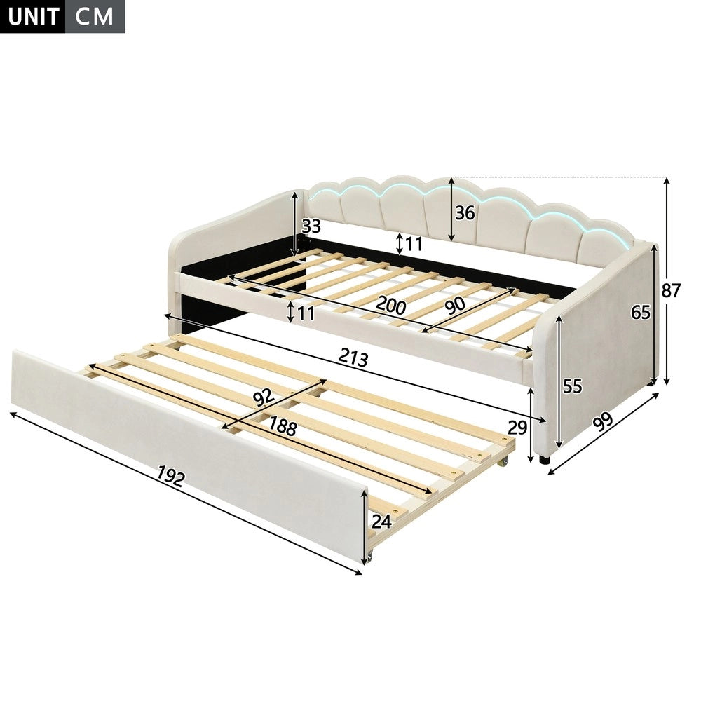Letto Singolo Imbottito con LED ¨C MINIMAL ¨C Velluto Beige 90x200