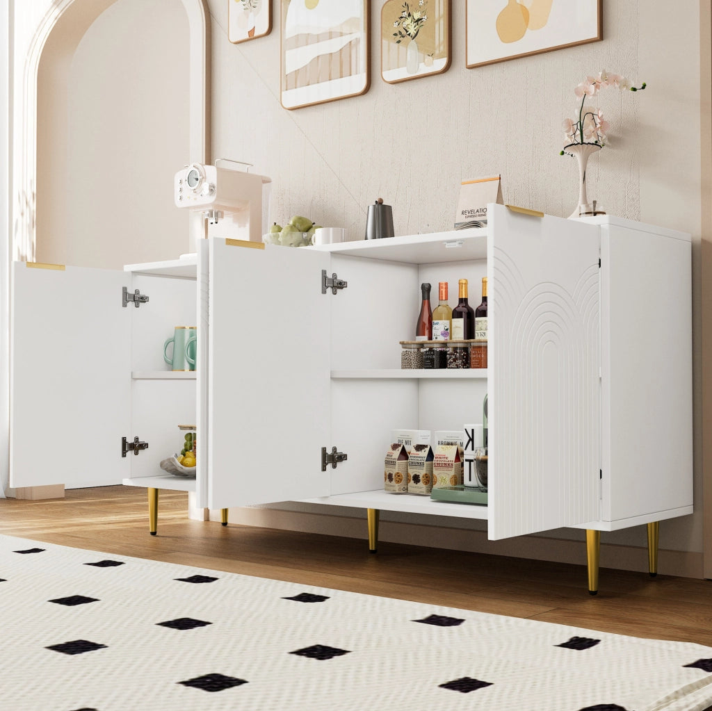 Credenza bianca 160x80x40 cm con 4 ante, ripiani regolabili e dettagli oro