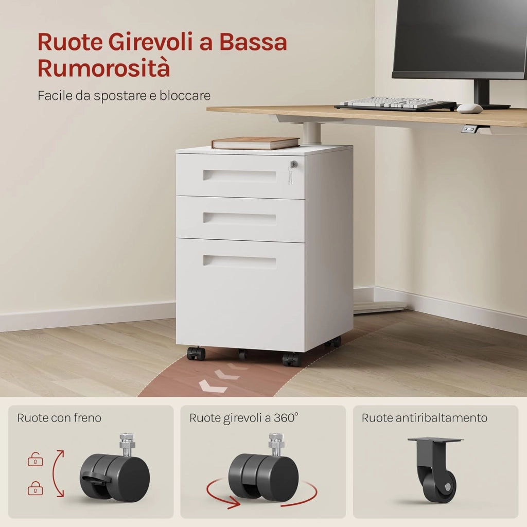 Cassettiera da Ufficio Scrivania Studio con Rotelle Mobiletto con 3 Cassetti e Serratura per Documenti Cartelle Sospese Cancelleria, Pre-Assemblato, metallo Bianco