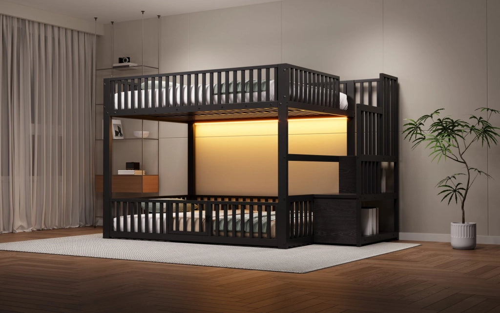 Letto a castello 140x200 cm in metallo nero con LED e scaletta contenitore