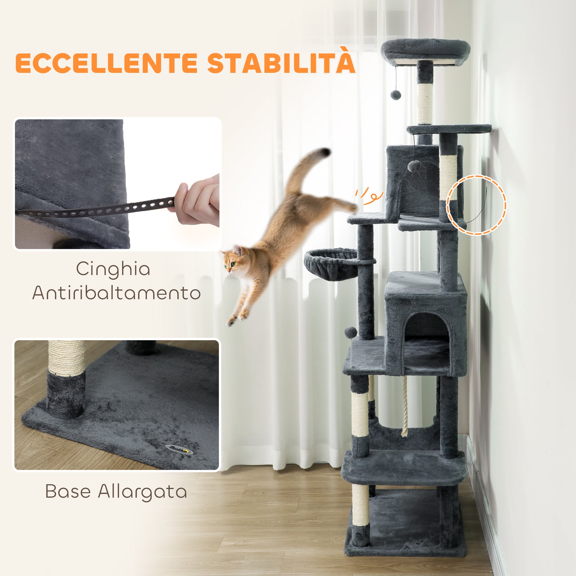 Albero Tiragraffi per Gatti Alto 202 cm con 6 Pali in Sisal Casette Amache e Lettino Grigio