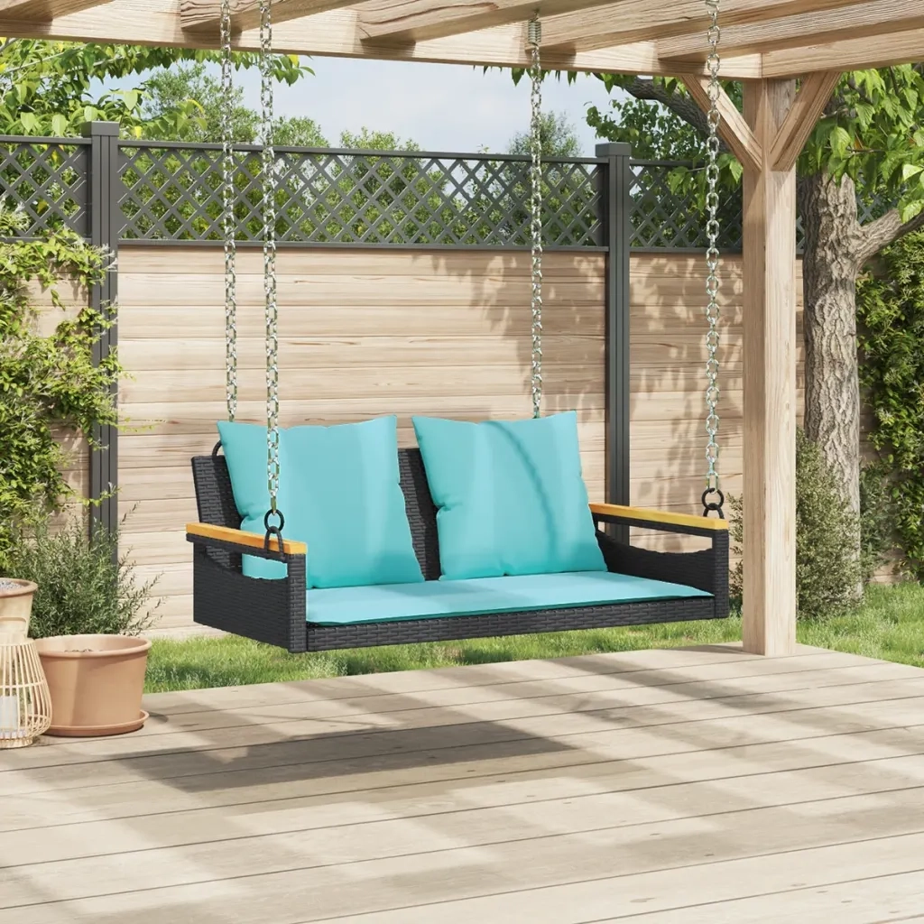 Panchina a Dondolo con Cuscini Nera 109x62x40 cm in Polyrattan 368151