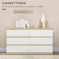 Cassettiera 6 Cassetti Moderna in Legno, 135x48x77cm, Bianco e Colore Legno