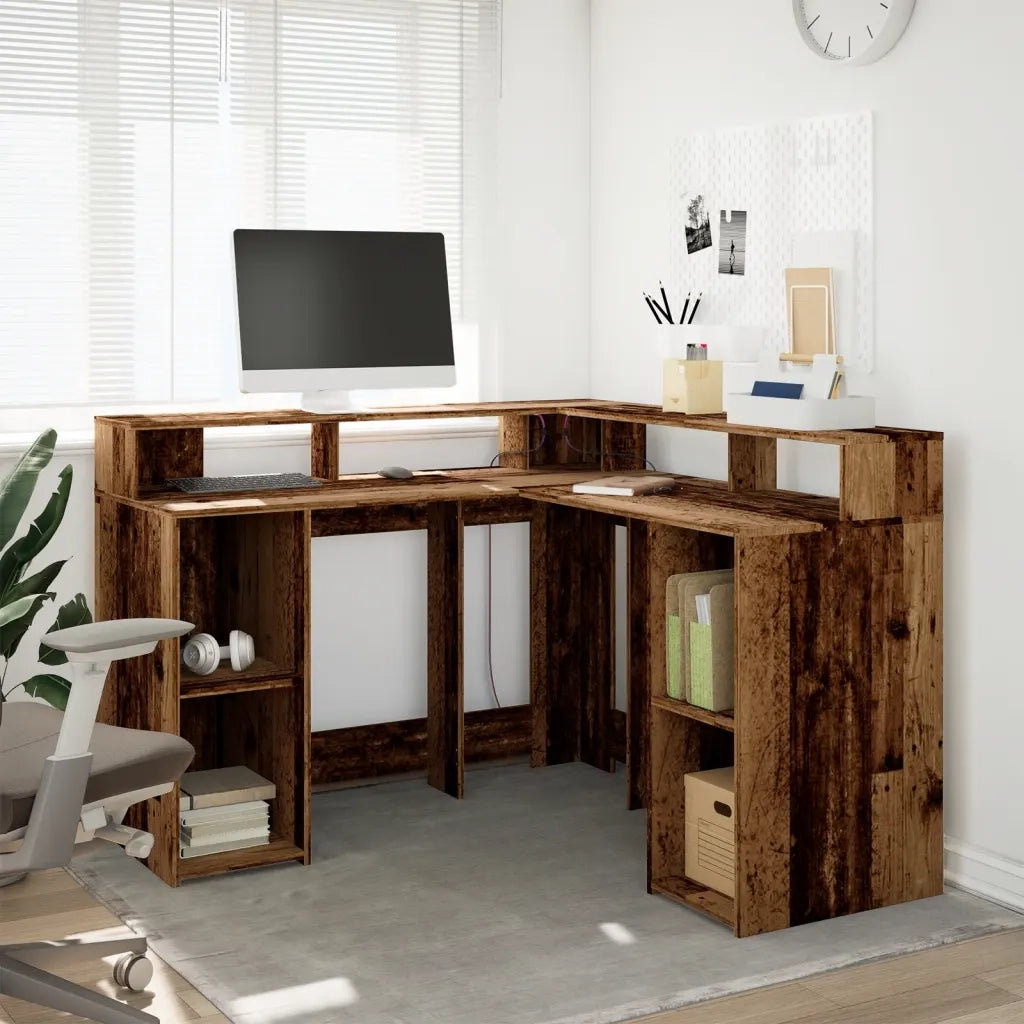 Scrivania con Luci LED Legno Antico 130x130x91 cm in Truciolato 3309454