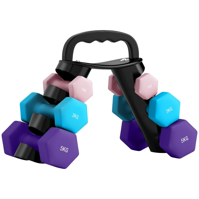 Set di manubri con supporto per riporli, set di 6 manubri per allenamento fitness, 2 x 1 kg, 2 x 3 kg, 2 x 5 kg