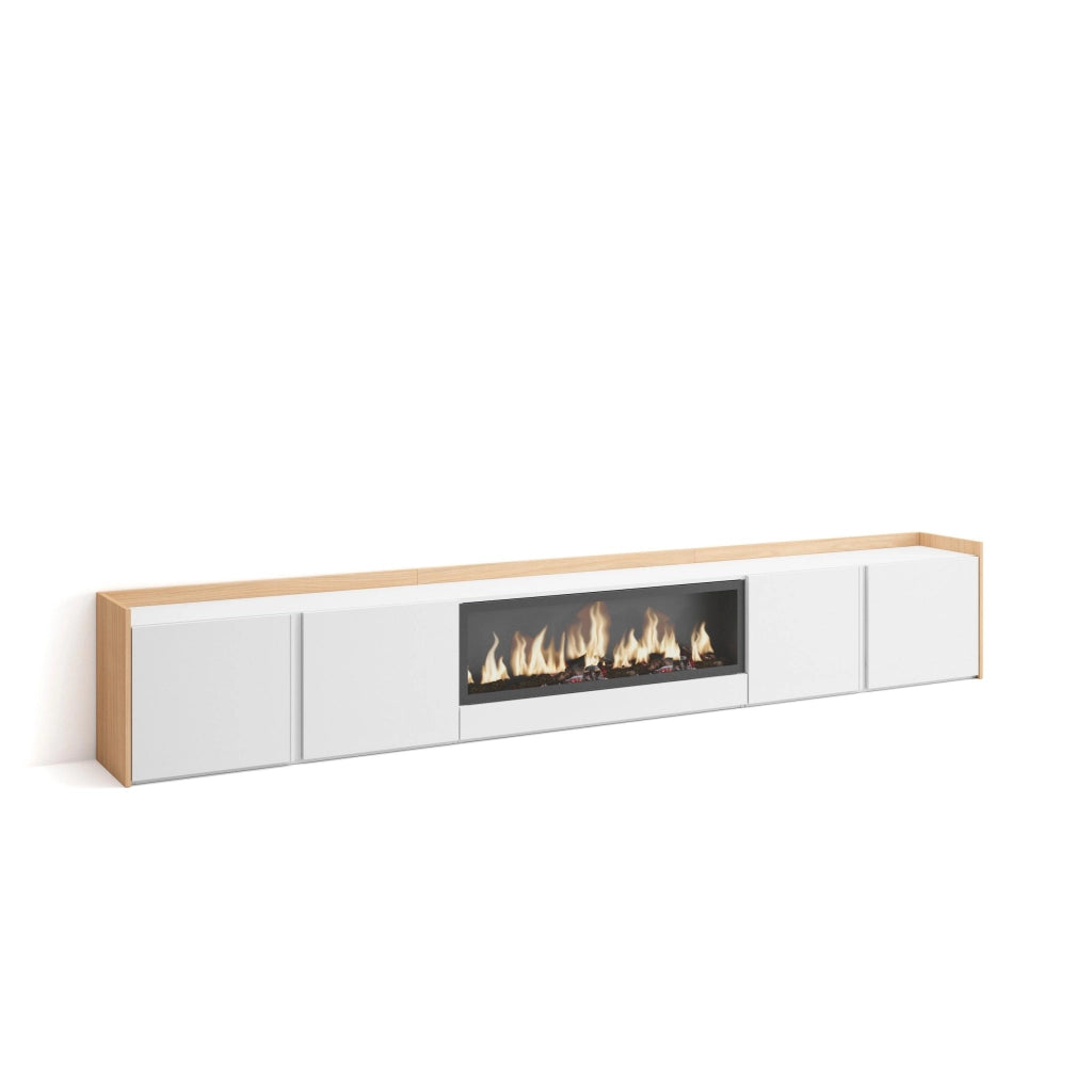 Mobile TV Soggiorno, 315x50x35 cm, Per TV fino a 80", Camino elettrico XXL, Bianco e Rovere soft