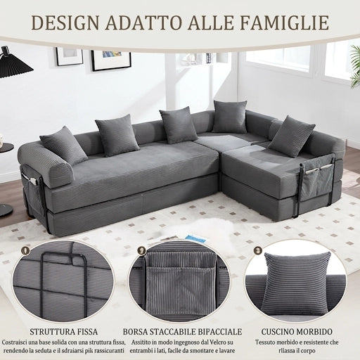 Divano modulare 4 posti in velluto a coste grigio scuro 270x180 cm
